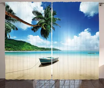 

Tropical Curtains Wooden Boat Seychelles Beach with Palm Trees Paradise Ocean Scenery Living Room Bedroom Window Drapes Beige