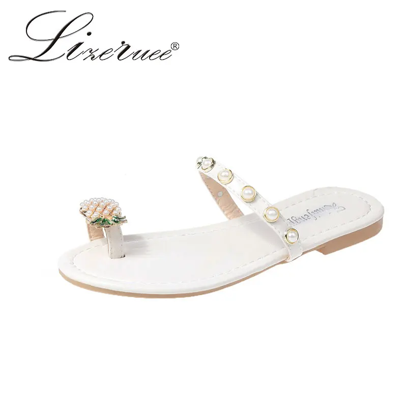 

Women Summer Casual Simple Beach Shoes 1cm Comfortable Flat Heel Slippers PU Metal Pineapple Decoration Fashion Women Flip-Flops