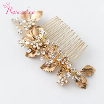 

Handmade Rhinestone Flower wedding Hair Comb Bridal Hairpiece Gold Leaf Women Hair Ornaments Jewelry RE3826
