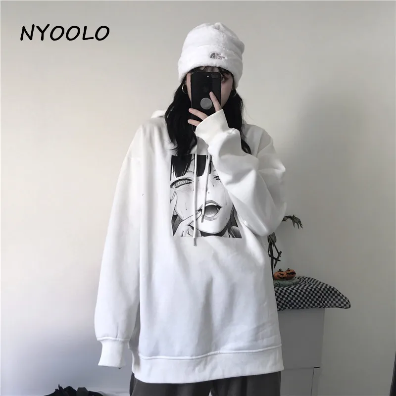 NYOOLO Harajuku style girl print Loose warm fleece hoodies Autumn winter street long sleeve hooded pullovers Sweatshirt women