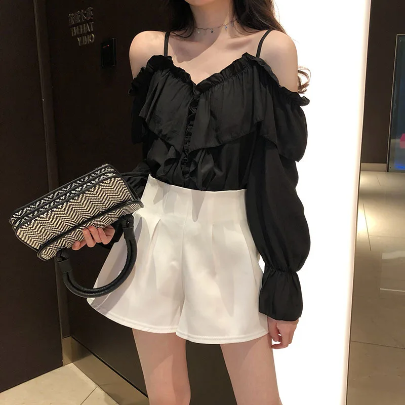 Kpop, черная, розовая, Jisoo, белая, сексуальная, v-образный вырез, слинг, блузка, женская, летняя, новая, модная, с открытыми плечами, рубашки, для девушек, длинный, с расклешенными рукавами, топы