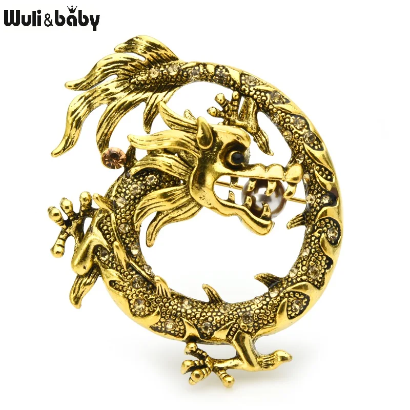 Wuli&baby Vintage Pearl Dragon Brooches Women Men Metal 2-color Animal Party Casual Brooch Pins