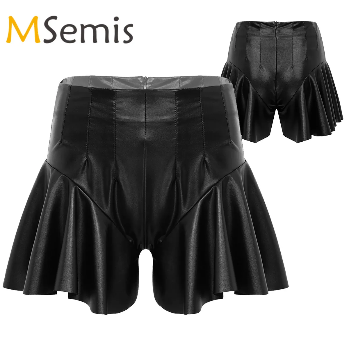 

Womens Pole Dance Shorts Fashion PU Leather High Waist Solid Color A-line Short Culottes Flared Casual Rave Shorts Skirts