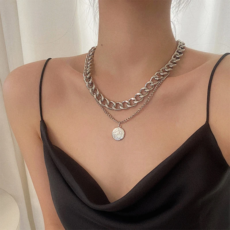 Thick Chain Necklace Jewerly Punk Hip-Hop-Neck Retro Double-Personality Exaggerated Portrait
