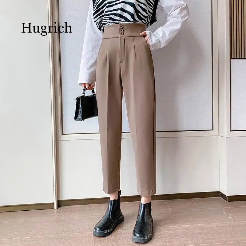 2021 Tweed Pants for Grils Autumn Winter High Waist Loose and Thin Tight Feet Harlem Pants