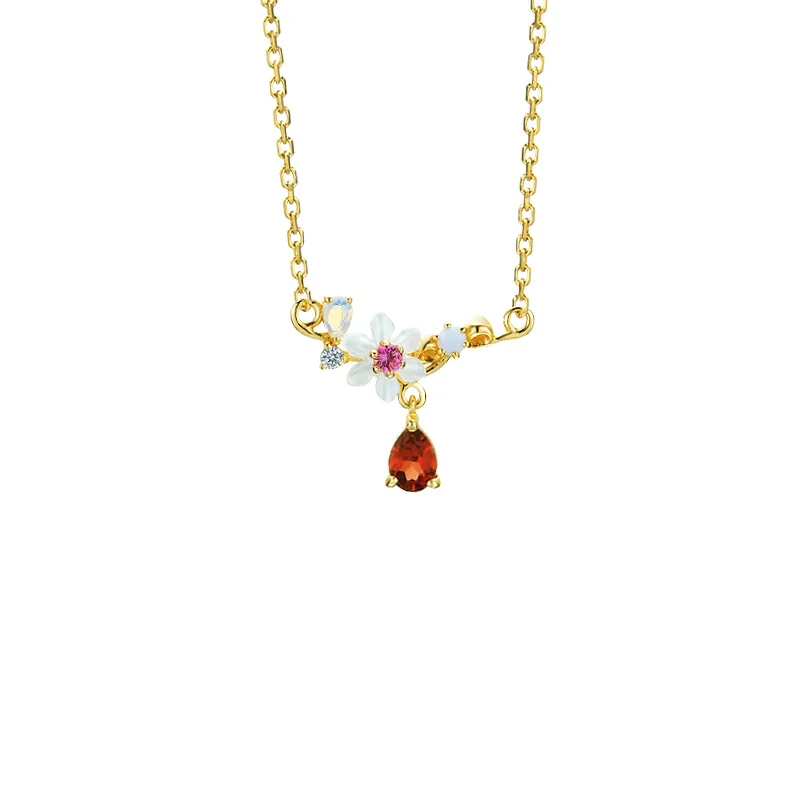 

Dun li New Style 925 Sterling Natural Shell Flower Water Droplet Mozambique Garnet Necklace Choker Women's Accessories