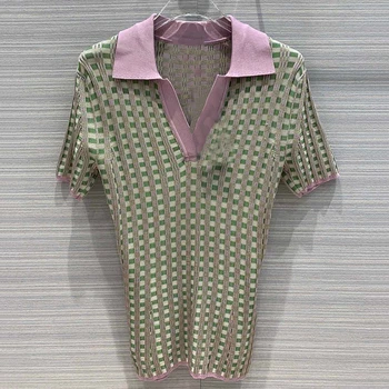 

Women Knitted T-shirt Summer Fashion Short Sleeve Shirt Casual Women Print Tops