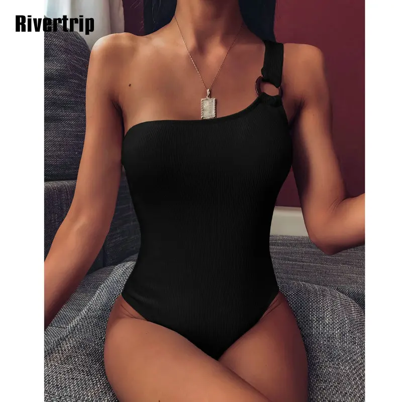 

Solid One Piece Swimsuit Women One Shoulder Swimwear Ring Starp Swminsuit Fused High Cut Beach Wear Ribbed Bathing Suit 2020 New