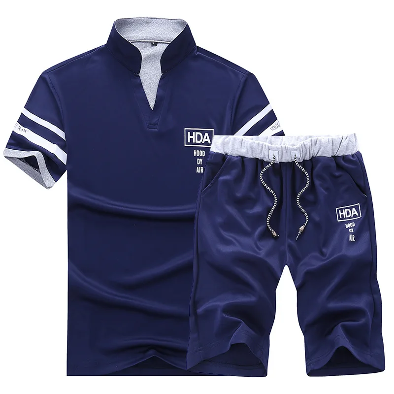 Мужские спортивные костюмы, летняя футболка с коротким рукавом+ шорты, повседневный облегающий спортивный костюм для мужчин s Masculino, комплект из двух предметов, Hombre - Цвет: Dark blue EM103