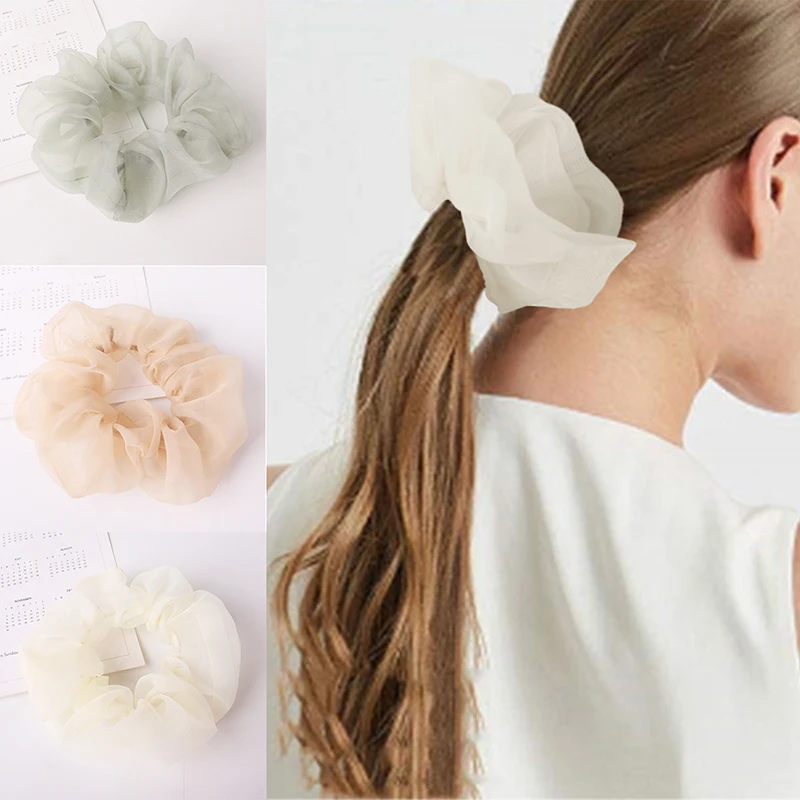 Women Solid Color Chiffon Scrunchies For Ponytail Holder Girls Transparent Elastic Hair Rope Tie Sweet Accessories |