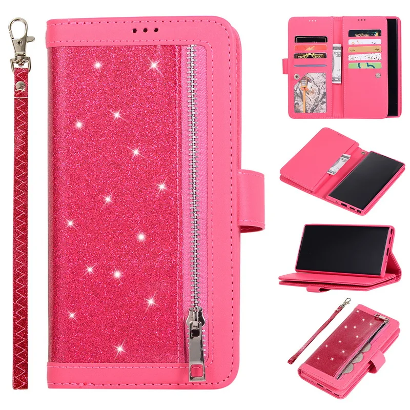 Hot Pink Блестящий кожаный чехол-книжка с бумажником чехол КРЫШКА ДЛЯ samsung Galaxy A50 A70 A30 A20 A10 A40 A60 M30 A80 Примечание 10 9 8 S10 5G S8 S9 плюс S10e - Цвет: Hot Pink