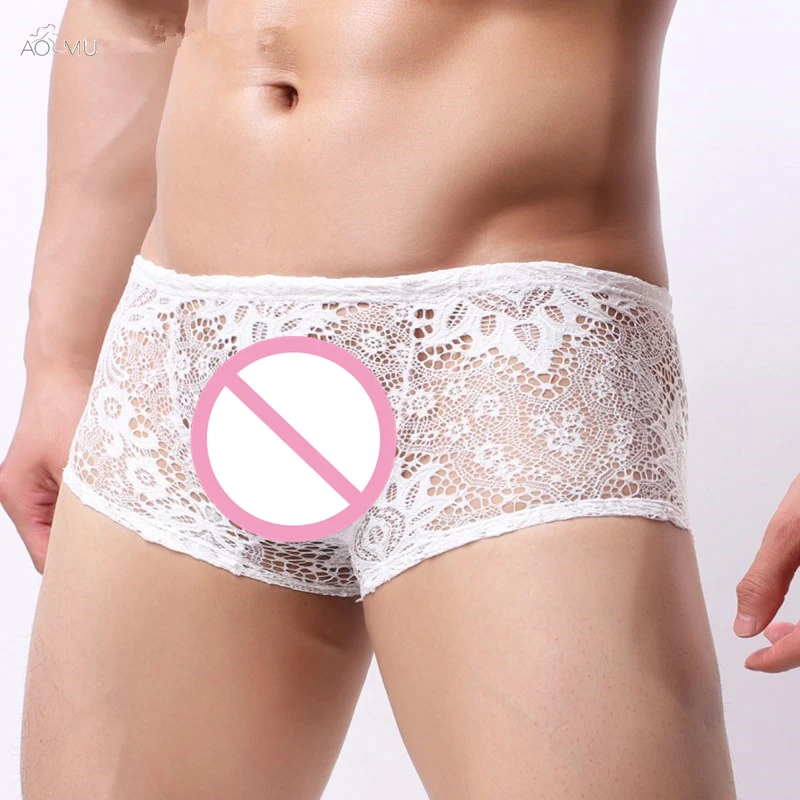 

AOMU Mens Sexy Underwear Lace Transparent G-string Thong Male Boxer Shorts Underpants Tanga Hombre Panties For Man Cuecas