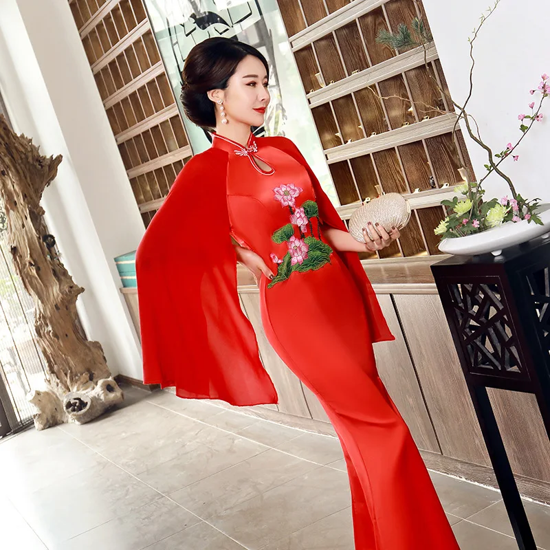 Китайский традиционный Чонсам летающий рукав вышитые длинные Cheongsam шоу костюм Ципао платье Vestido Плюс размер S-5XL