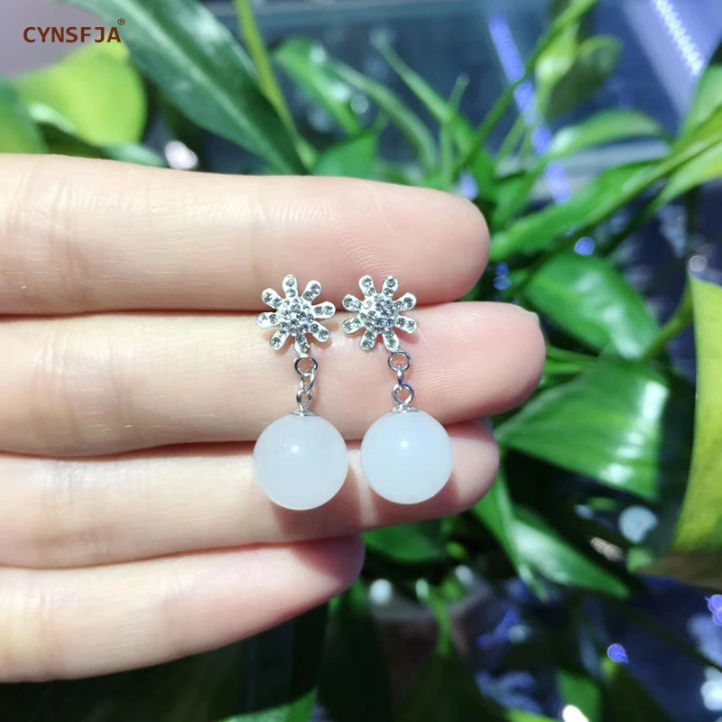CYNSFJA Real Certified Natural Hetian Jade 925 Sterling Silver Handmade Fine Jewelry White Jade Earrings High Quality Best Gifts