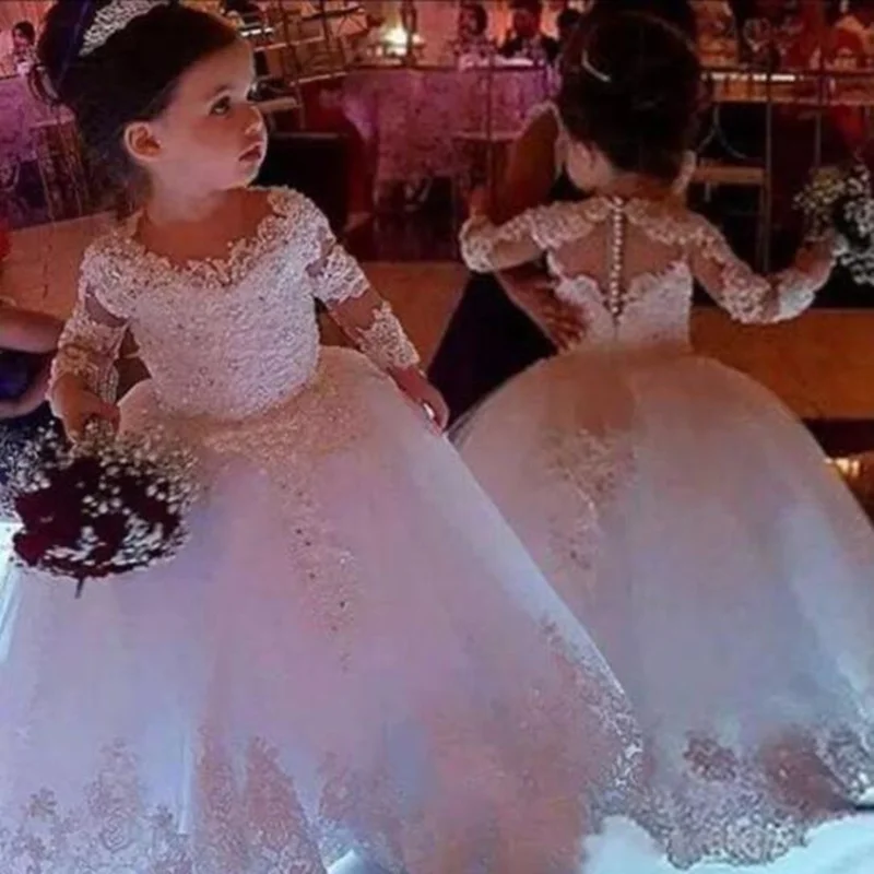 Pluizige Tule Bloem Meisje Jurken Applique Lange Mouw O-hals Prom Gown Pageant Voor Bruiloften Eerste Heilige Communie Jurken Pluizige Tule Bloem Meisje Jurken Applique Lange Mouw O-hals Prom Gown Pageant Voor Bruiloften Eerste Heilige Communie Jurken