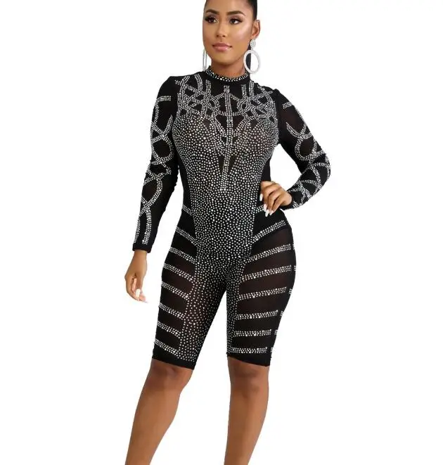 Sexy Jumpsuit Women Diamonds Long Sleeve Fashion Mesh See Through Slim Bodycon Pants Hot Drilling Clubwear Female Romper elegant women jumpsuits 2023 autumn deep v neck long sleeve sheer mesh patch long sleeve high waist rompers jumpsuit office lady