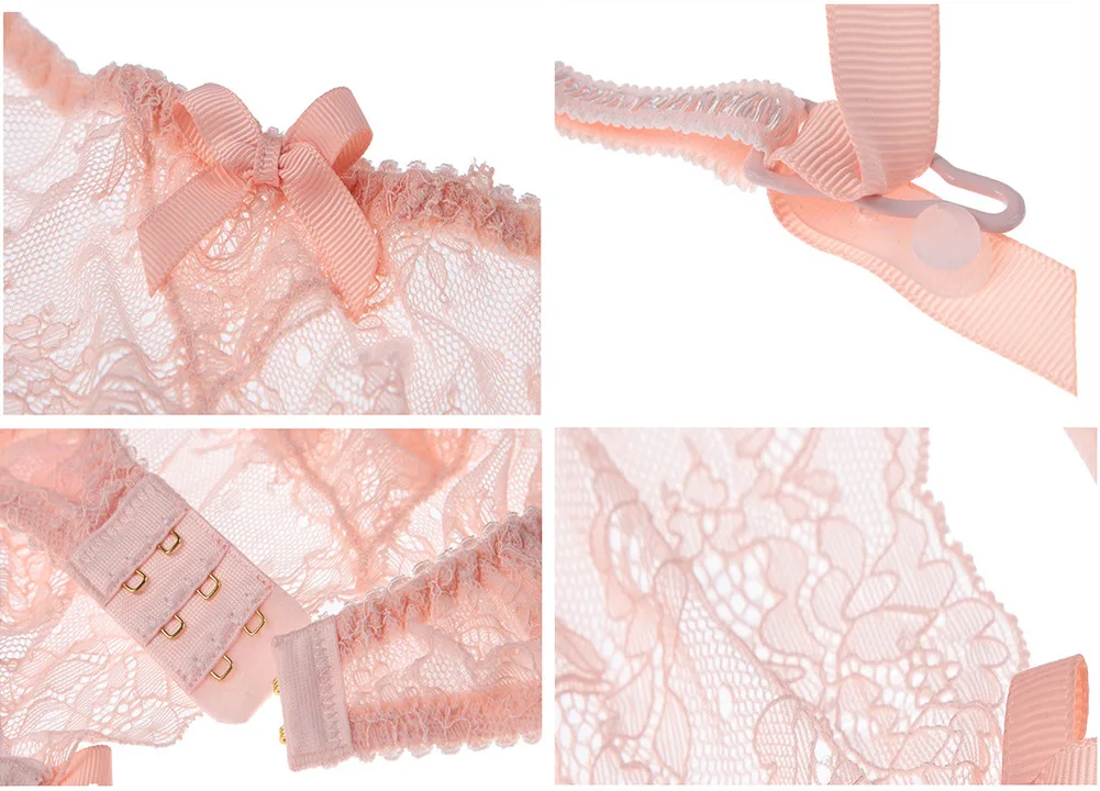 Sexy Lace Ultra-Thin-Transparent Non-Pad 1/2 Half Cup Bra Suit 3 Pieces