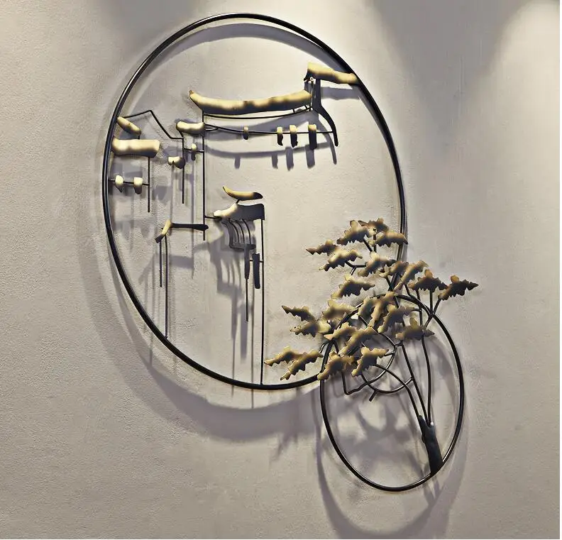 Китайское Кованое железное двойное кольцо пейзаж настенные подвесные украшения ремесла для дома гостиная настенная роспись украшение Настенная Наклейка Искусство