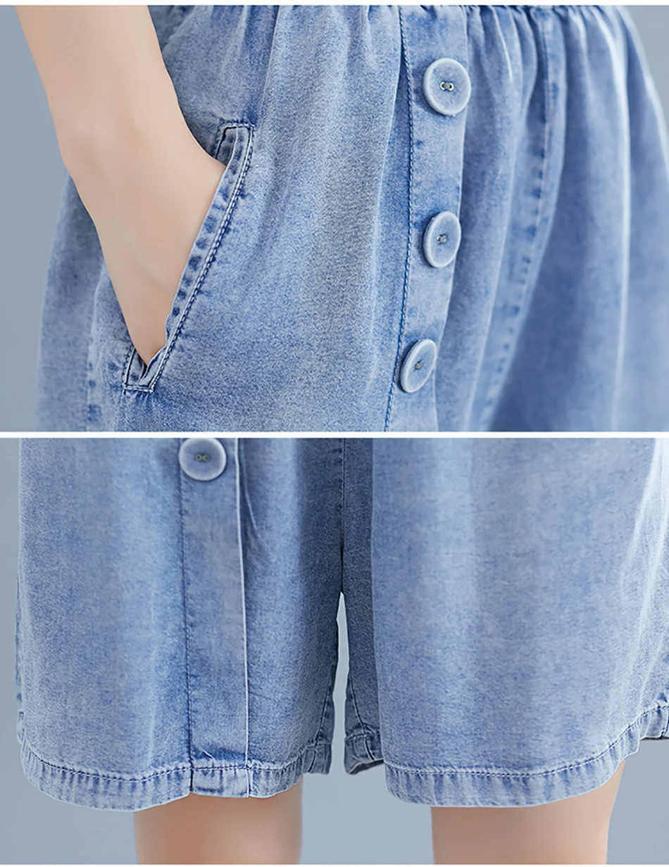 AudWhale Plus Size Denim Shorts For Women Elastic Waist Ladies Jeans Shorts Loose High Waist Summer Jeans Shorts Femme