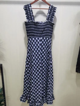 

2020 Summer black and white Plaid Midi Dress for Women square collar sleeveless Sling Pleated ruffled Long Dresses