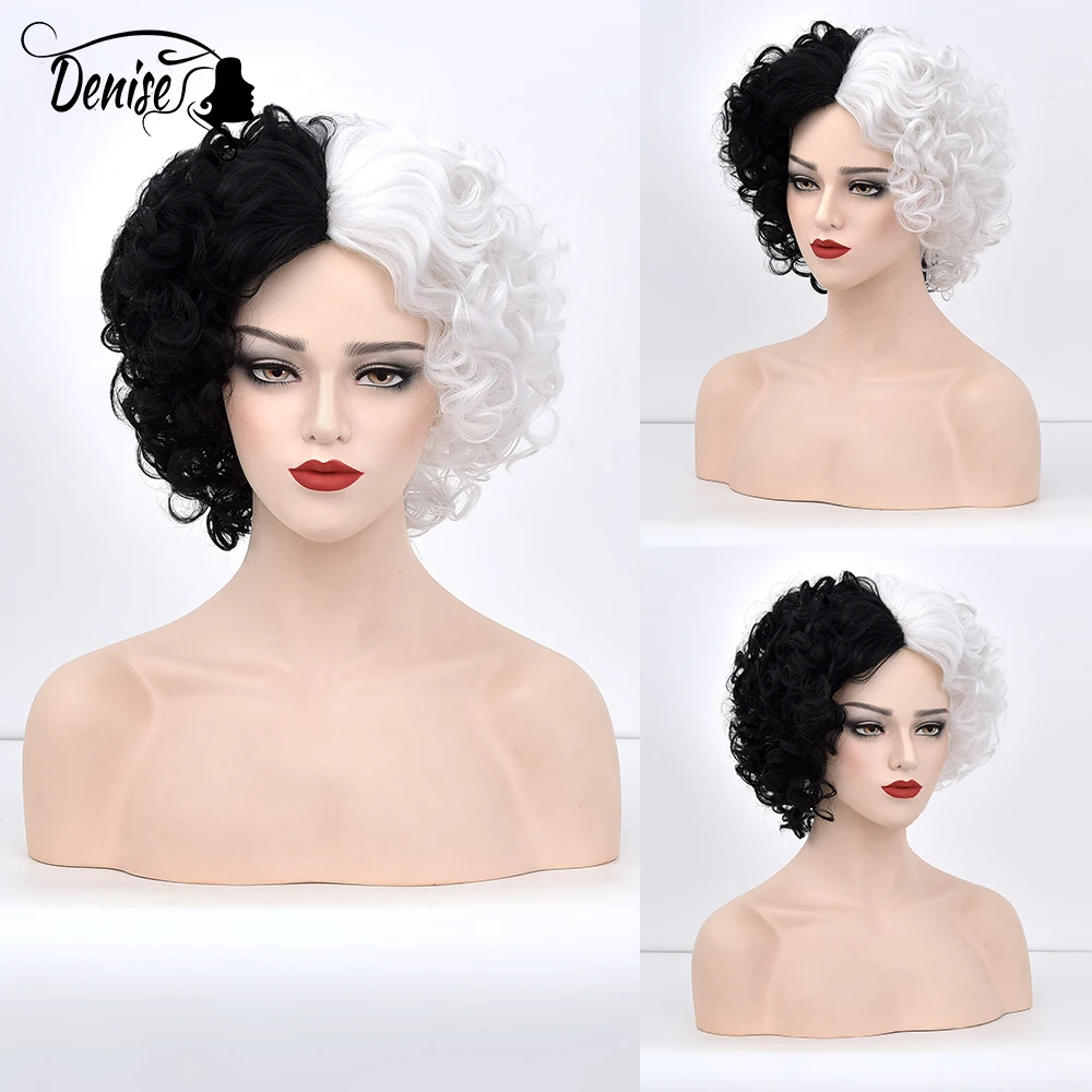 

New CRUELLA De Vil Cosplay Wig Half White Half Black Synthetic Short Wavy Wigs With Bangs For Women Heat Resistant Natural Hair