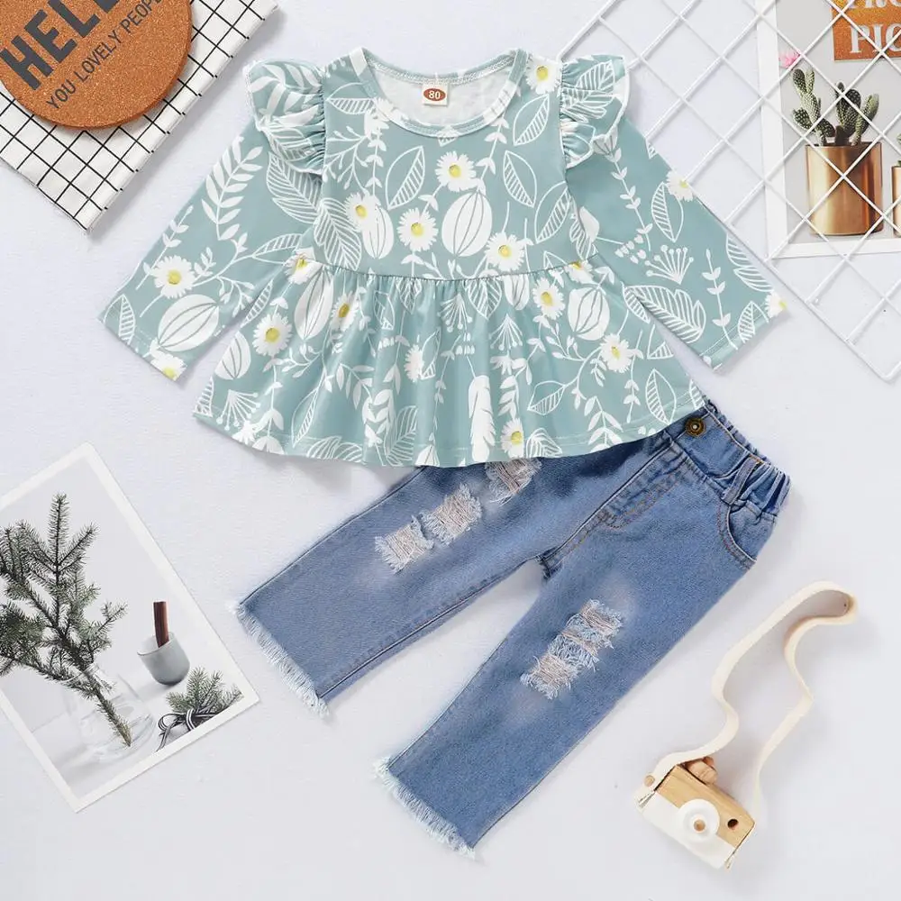 

Toddler Girl Outfit Baby Girl Clothes 2T Floral Rose Sunflower Leopard Print Toddler Girl Long Sleeve Clothing Set Ripped Jeans