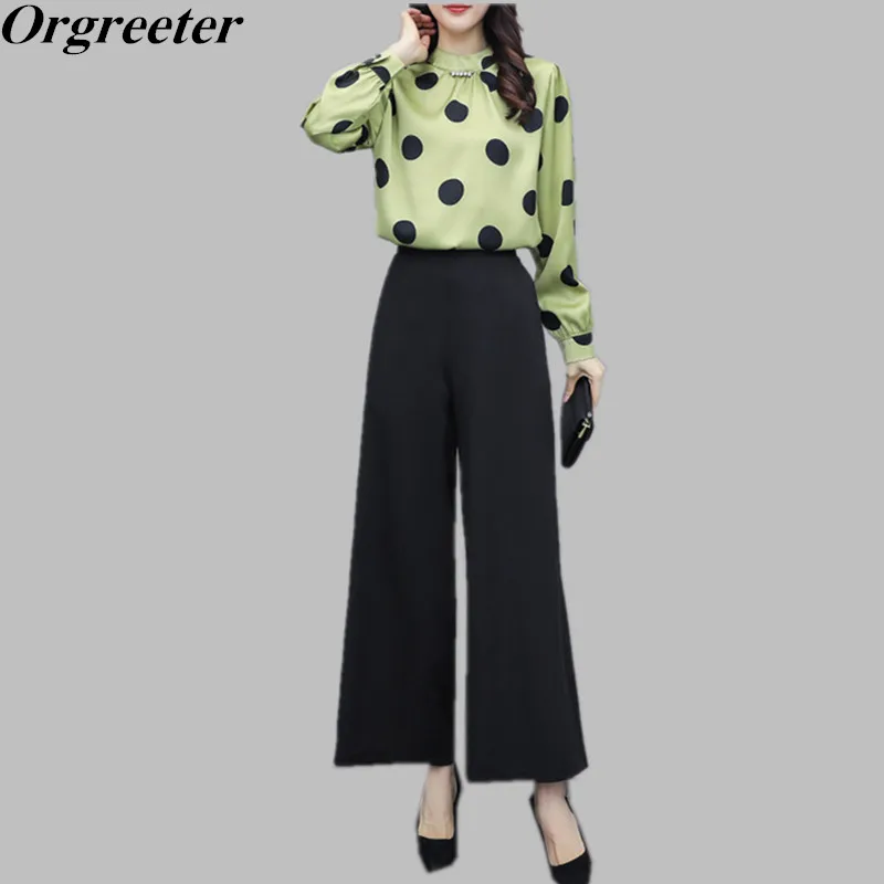 

Elegant OL Casual Two Pieces Blouse and Pants Set Women Stand Collar Dot Lantern Sleeve Shirt and Wide leg Pants Set Workwear