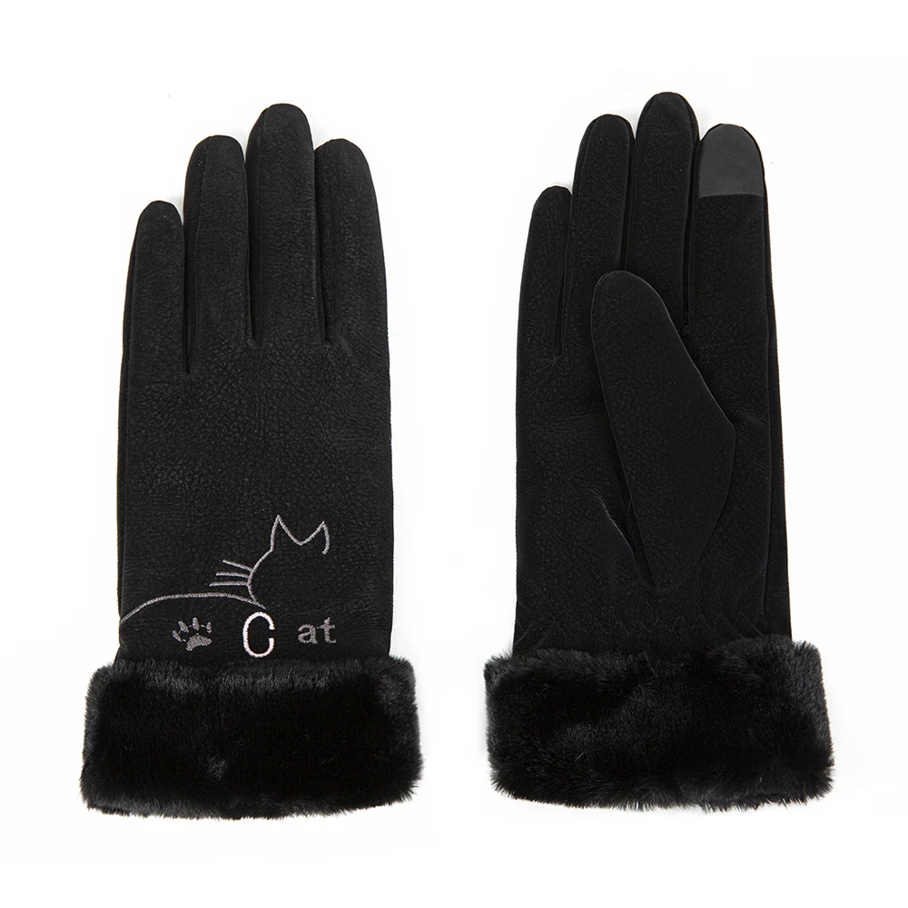 Зимние женские перчатки с сенсорным экраном, водонепроницаемые кожаные перчатки с принтом, теплые плотные бархатные перчатки на весь палец - Цвет: blackB