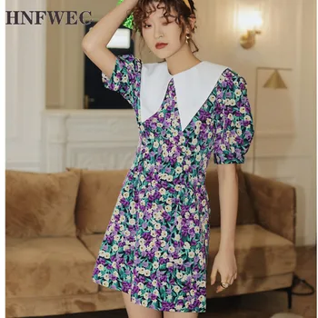 

Puff Sleeve Summer Floral Dress Peaked Neck Tunic A Line Mini Dress Women Short Sleeve Dresses Clothing T660