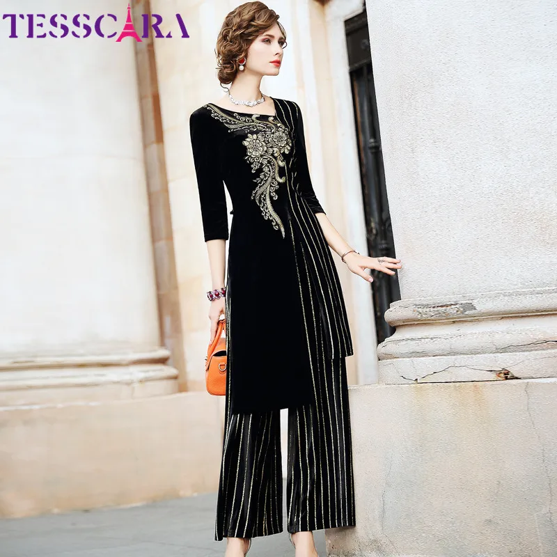 TESSCARA женский осенний и зимний элегантный бархатный брючный костюм, женский винтажный комплект из двух предметов, дизайнерские костюмы с вышивкой из двух предметов - Цвет: Black