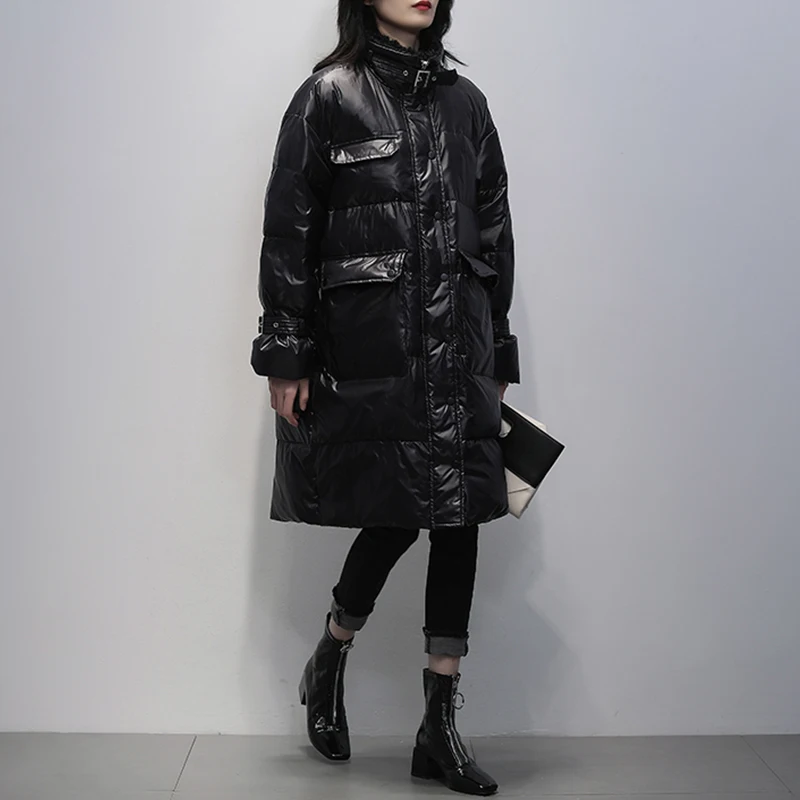 FTLZZ Winter Lamb Fur Stand Collar Long Jacket