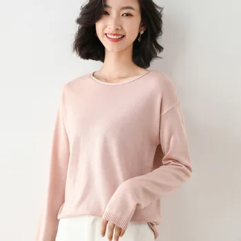 

Spring and autumn new ladies long-sleeved round neck solid color knitted T-shirt
