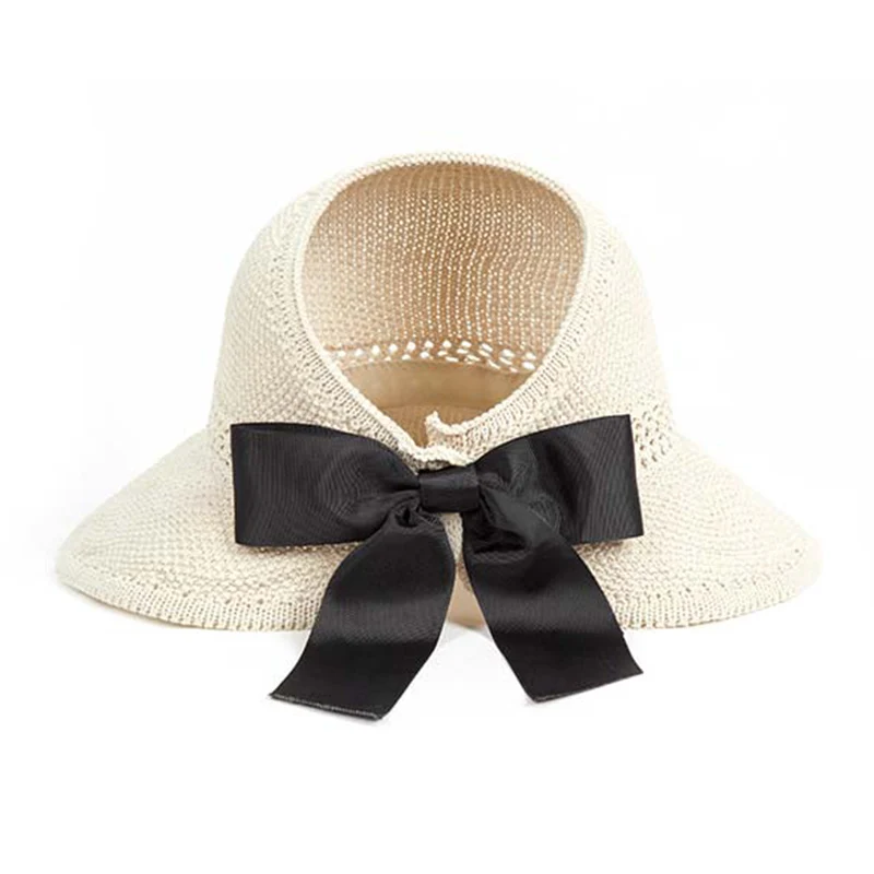 Fashion Bow Sun Hats Women Ponytail Sun Cap Ribbon Knitted Raffia Hat For Women Uv Protection Caps Female Beach Hat