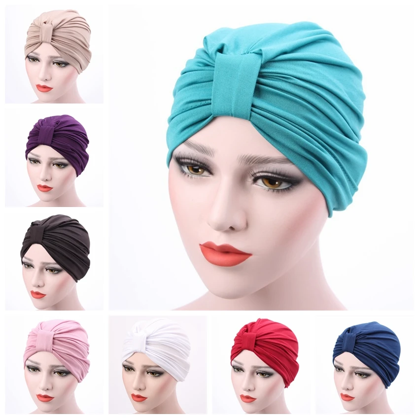 2pcs/lot Muslim women cotton turban Indian hair bonnet cap solid color knot night sleep caps chemotherapy head wrap TJM-56 | Аксессуары