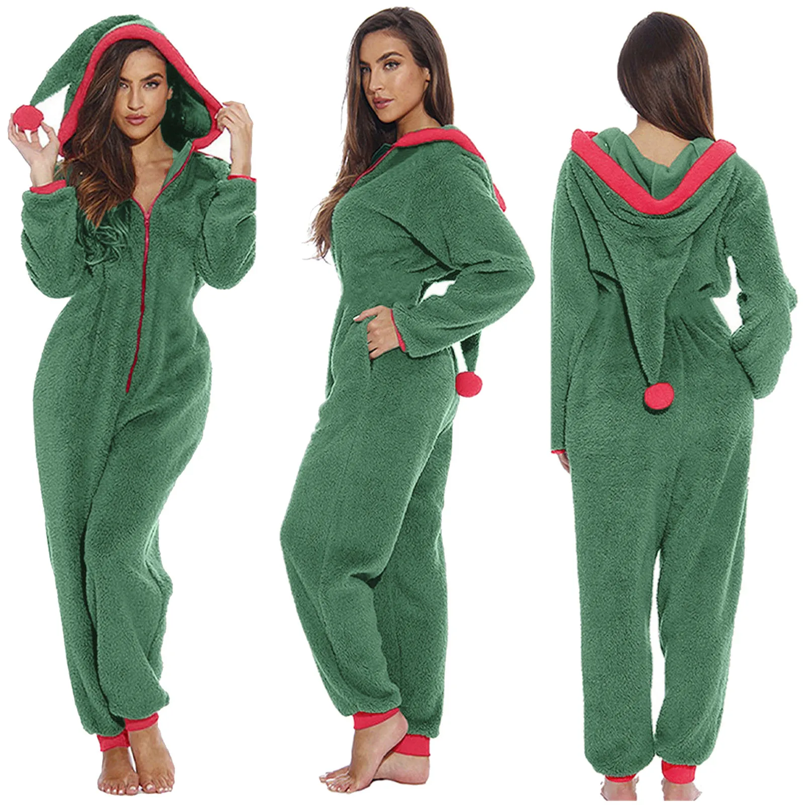 Christmas Pajamas Jumpsuit Women Hood Zipper Long Sleeve Patchwork