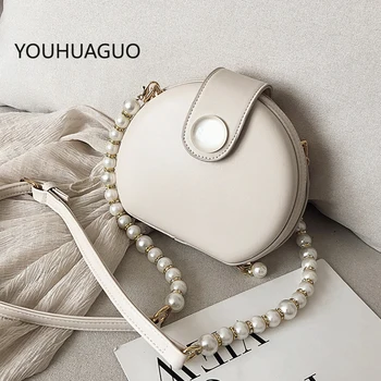 

Elegant Pearl Chain Female Round Bag Quality PU Leather Women's Handbag Shoulder Messenger Bag Purses 2020 Summer New Solid Bag