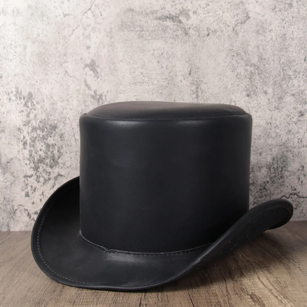 Women Men Leather Top Hat President Traditional Fedoras Hat Magician Steampunk Cosplay Party Caps Dropshiping 3Size 13CM Top fedora hat men