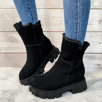 

Women Boots Ankle Fluff Plush Shoes Female PU Leather Plaltform Warm Sewing Short Boots Winter Non Slip Ladies Footwear Fashion