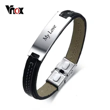 Vnox 11 мм черный кожаный браслет для мужчин ID браслет из нержавеющей стали идентификация персонализированные мужские ювелирные изделия