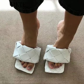 

New 2020 Square toe Diamond woven Blue Leather Mules high heel Shoes Woman Madame Sexy nude High heel Slippers Party Women Shoes