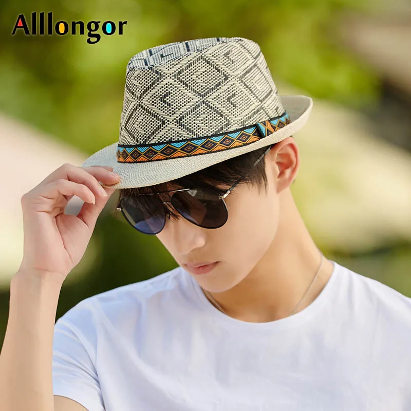 Straw Hat Panama Jazz Hat Summer Beach Sun Hats Men Fedoras Plaid Women Sunhat Short Sleeve Sun Cap straw hat,fashion hat,fedora hat,sun protection hat