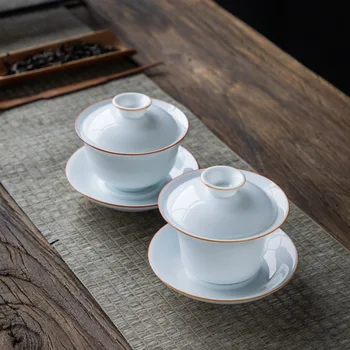 

Sweet White Jade Porcelain Three Talent Bowl Cover Line Description PureThin Tire Tea Bowl Single Ceramic sopera de ceramica