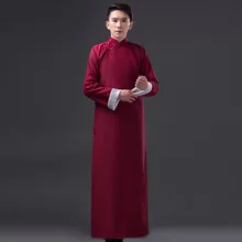 Elegant Men Burgundy Ancient Long Robes Gown Crosstalk Gown Vintage Mandarin Collar May 4th Republic Of China Students Costume