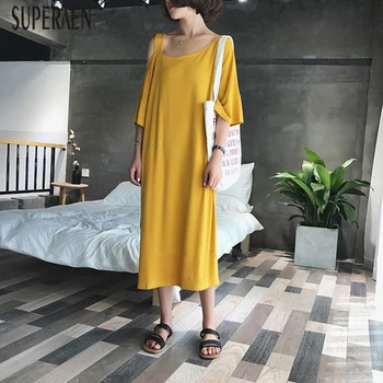

SuperAen Fashion Women Dress Off Shoulder Solid Color 2020 Summer New Ladies Dress Casual Cotton Wild Women Clothing