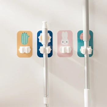 

Cute Cartoon Mop Broom Holder Household Storage Self-Adhesive Holder Rack Organizer Kitchen Bathroom Shelf Wall Mounted Mop Clip