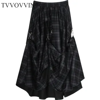 

Loose High Elastic Waist Black Plaid Buckle Asymmetrical Pleated Half-body Skirt Women Fashion Tide Spring Autumn 2020 TZLG