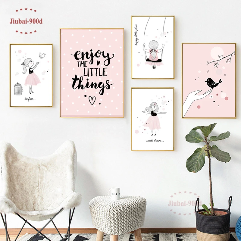 Nursery Cartoon Girl Swing Bird Posters Canvas Painting Children S