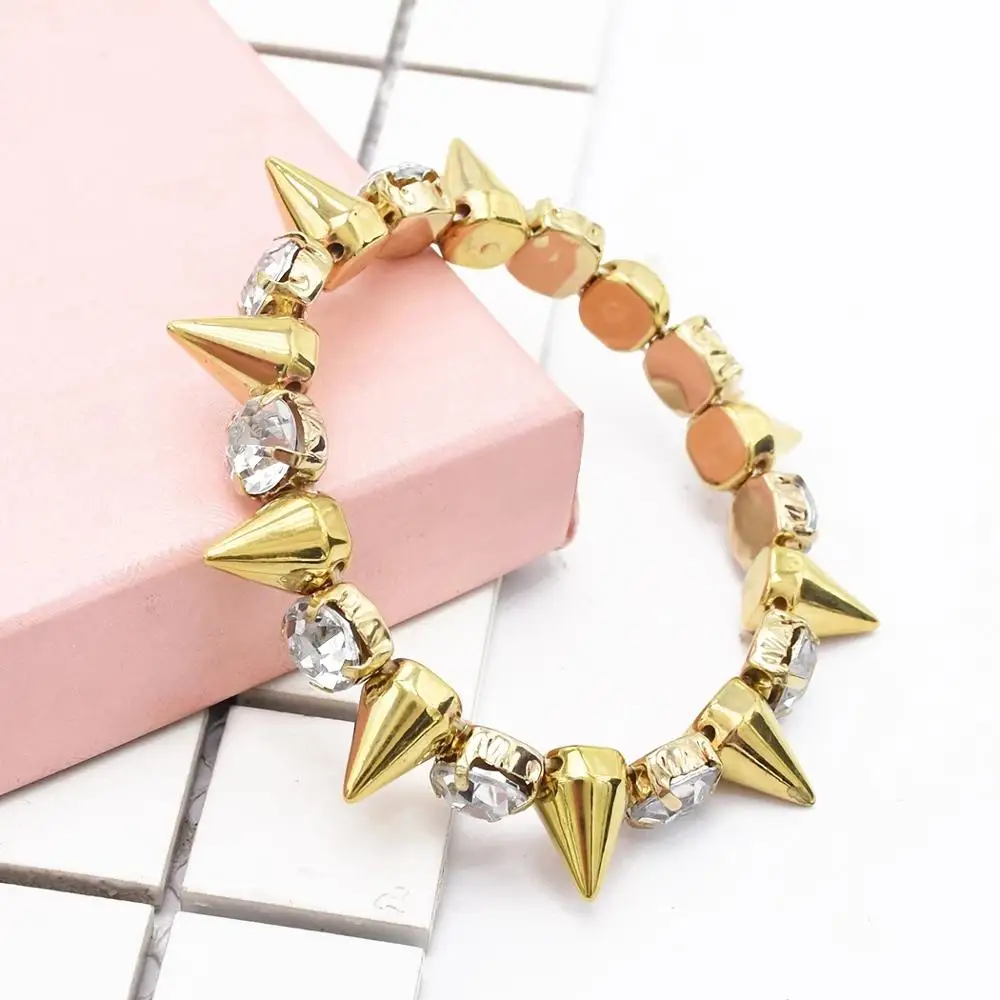 

2019 Fashion Punk Style Gold Silver Tone Rivet Rhinestone Stretch Charm Bracelet for Women Boho Tassel Bracelet Jewelry