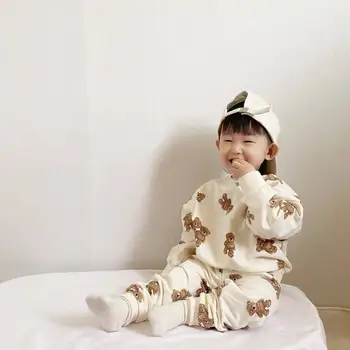 만화 아기 후드 정장, 곰 스웨터 및 바지, 여아 의류 세트, 2 개