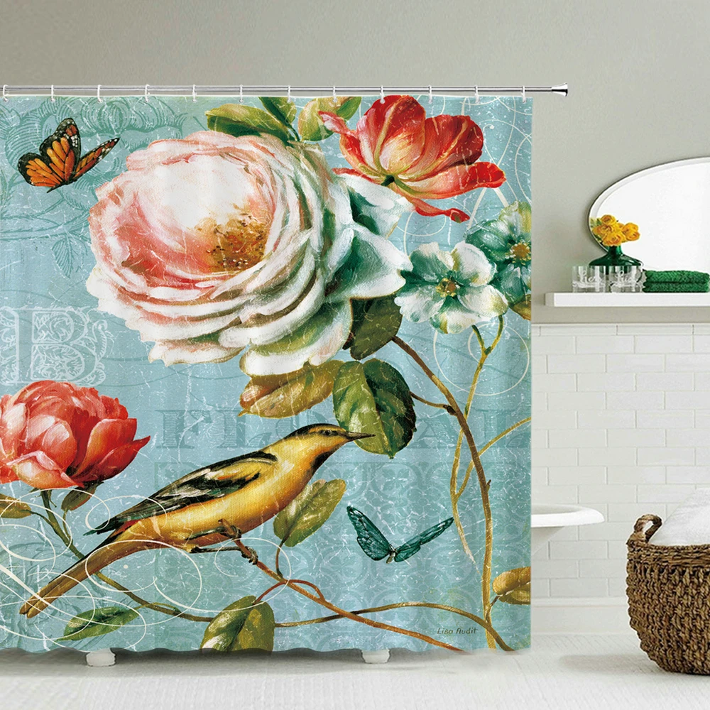 

3D Printed Flowers Shower Curtain For Bathroom Waterproof Polyester Shower Curtain Butterflies Birds Shower Curtain With Hooks